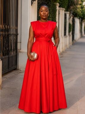 Sculpted Waist Red Maxi Dress with Tie Belt